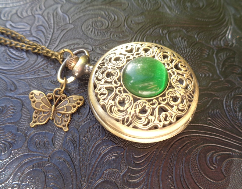 Pendant watch real flowers green or white & butterfly pocket watch necklace Vintage watch Victorian bronze gift for women Easter butterfly