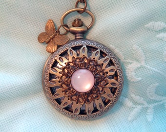 Pendant watch necklace Victorian Vintage style pink cabochon & butterfly Art Nouveau style pocket watch gift for women