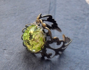 Anillo de flores reales, anillo de hadas y elfos verdes y azules celestes, joyería natural, joyería botánica, regalo para mujeres