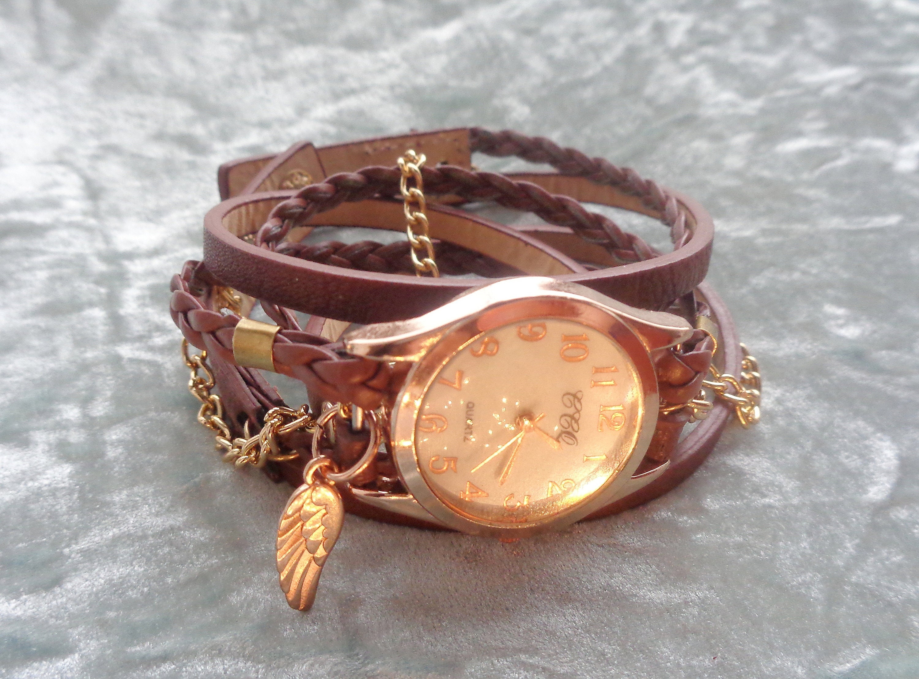 Wrap Watch Bracelet Brown Vegan Leather Goldplated Wrist  display picture 1