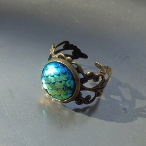 May include: A bronze ring with an ornate design and a round, iridescent blue and green gemstone with a scale pattern.