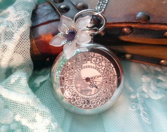 Pendant watch Art Nouveau silver dragonfly bird or flower filigree pocket watch necklace Vintage watch Victorian bronze gift for women