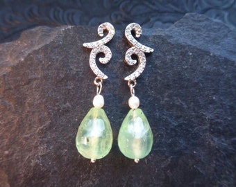 Prehnite freshwater pearls earrings Sterling silver teardrop briolette gemstone gift for women mother wife