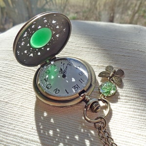 Pendant watch real flowers green or white & butterfly pocket watch necklace Vintage watch Victorian bronze gift for women Easter image 6