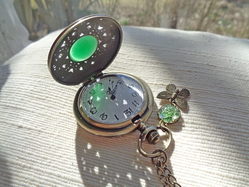 Pendant watch real flowers green or white & butterfly pocket watch necklace Vintage watch Victorian bronze gift for women Easter image 6