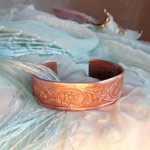 Copper bangle Art Nouveau style bracelet cuff tendrils and flowers unique handmade gift for women and men image 1