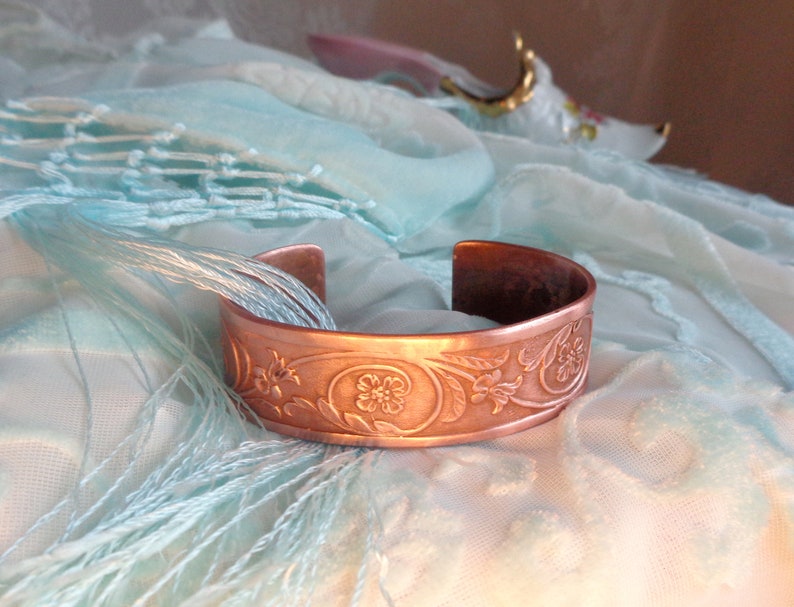 Copper bangle Art Nouveau style bracelet cuff tendrils and flowers unique handmade gift for women and men image 1