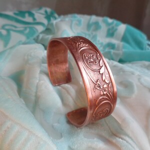 Copper bangle Art Nouveau style bracelet cuff tendrils and flowers unique handmade gift for women and men image 8