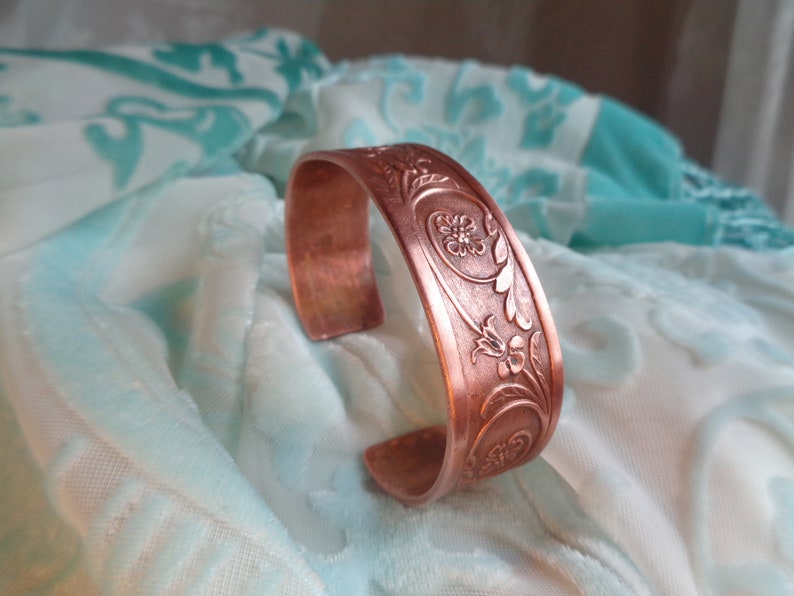 Copper bangle Art Nouveau style bracelet cuff tendrils and flowers unique handmade gift for women and men image 8