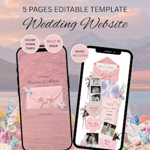 May include: A 5-page editable wedding website template displayed on two smartphones. The screens show a pink envelope graphic, countdown timer, RSVP, and music features with text reading Benjamin & Madeline and 2026.