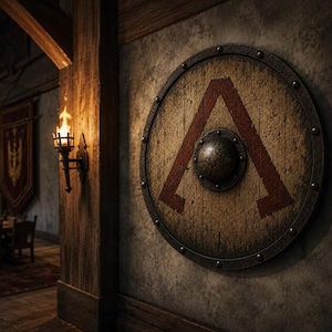 May include: A circular wooden shield featuring a dark red lambda symbol painted in the centre. The shield has a weathered texture, a metallic rim secured with rivets, and a prominent central metal boss, mounted on a textured stone wall.