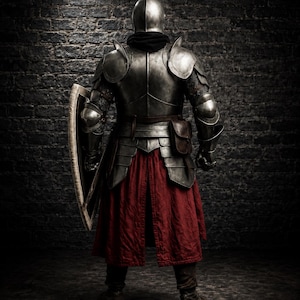 May include: A suit of steel plate armor featuring a polished metal helmet, pauldrons, and gauntlets. The armor includes a dark brown leather pouch at the waist, a long red fabric tunic, and a large shield held at the side with a light-colored trim.