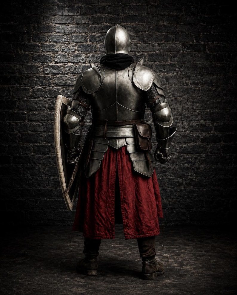 May include: A suit of steel plate armor featuring a polished metal helmet, pauldrons, and gauntlets. The armor includes a dark brown leather pouch at the waist, a long red fabric tunic, and a large shield held at the side with a light-colored trim.
