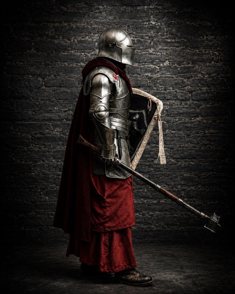 May include: A suit of polished steel plate armor featuring a rounded helmet, shoulder pauldrons, and gauntlets. The armor is worn over a deep red hooded cloak and matching red tunic. A metal mace with a wooden handle and a shield are held in hand.