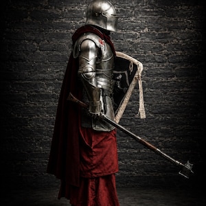 May include: A suit of polished steel plate armor featuring a rounded helmet, shoulder pauldrons, and gauntlets. The armor is worn over a deep red hooded cloak and matching red tunic. A metal mace with a wooden handle and a shield are held in hand.