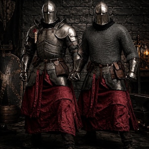 May include: Two suits of armor featuring steel helmets, breastplates, and pauldrons. One suit includes a chainmail shirt, while both wear dark metal waist plates, brown leather pouches, and long, layered red fabric skirts. Text reads KNIGHTFORGE LTD.