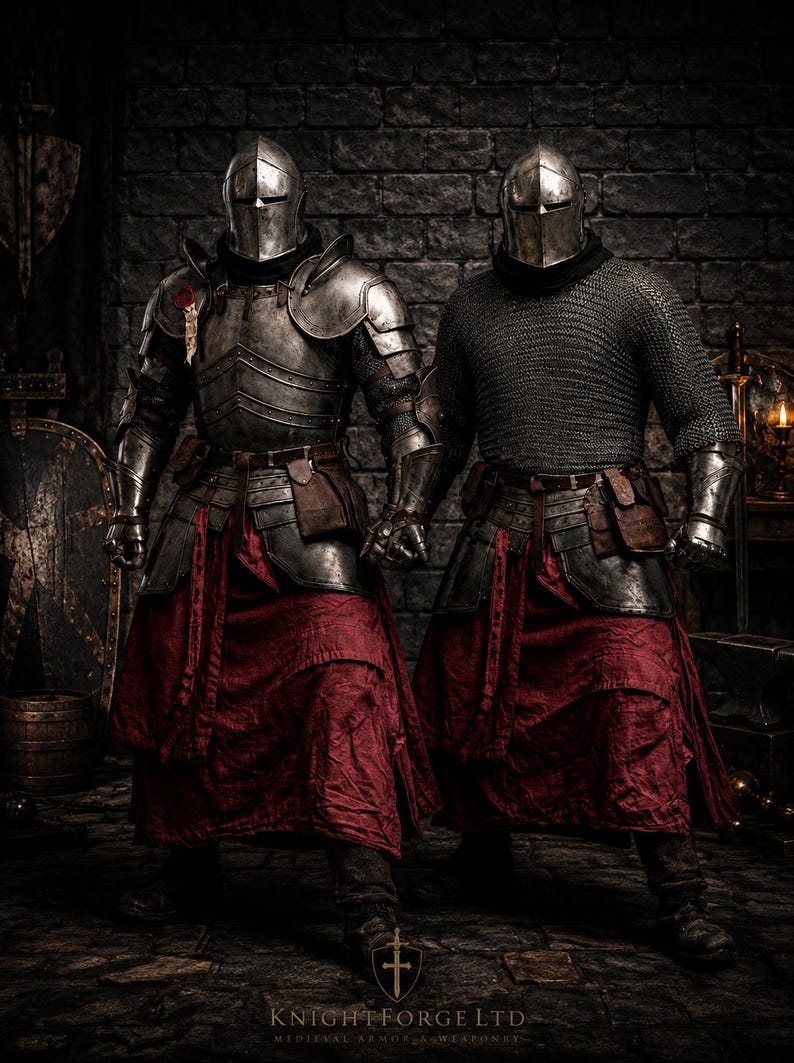 May include: Two suits of armor featuring steel helmets, breastplates, and pauldrons. One suit includes a chainmail shirt, while both wear dark metal waist plates, brown leather pouches, and long, layered red fabric skirts. Text reads KNIGHTFORGE LTD.