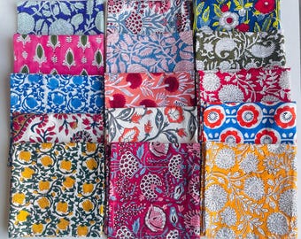 Assorted Hand Block Printed Cotton Napkins: Indian Floral Dining Decor.