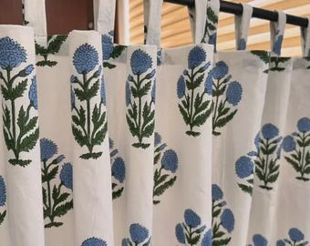 Hand Block Print Cotton Curtains | Boho Floral Kitchen Window Treatment (Rod Pocket)