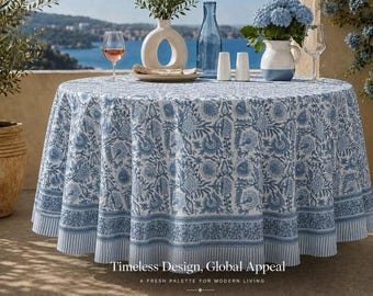 dusty blue Floral Hand Block Print Cotton Tablecloth | Indian Handmade Dining Table Cover | Table Linen