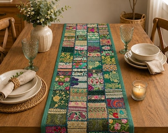 Handmade Patchwork Table Runner, Boho Cotton Table Runner, Quilted Table Decor, Farmhouse Dining Runner, Housewarming Gift.