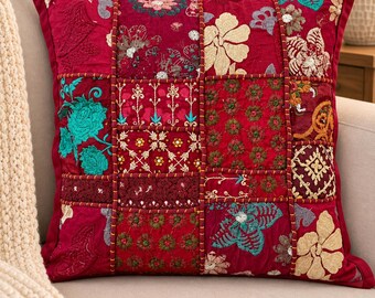 maroon Vintage Sari Patchwork Cushion Covers - Set of 2 - Embroidered Indian Pillowcase.