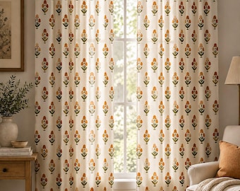 Hand Block Print Cotton Curtains, Boho Window Panel Drapes, Custom Size Curtain, Window.