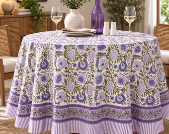 purple Floral Cotton Tablecloth, Hand Block Printed Dining Linen