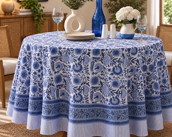 French Blue Rectangle Tablecloth, Indian Block Print Table Cover, Custom Cotton Tablecloth, Country Kitchen Boho Dining Decor Gift.