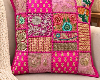 Vintage Sari Patchwork Cushion Covers - Set of 2 - Embroidered Indian Pillows