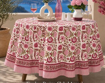 Hand Block Printed Cotton Table Cover Indian Floral Dining Table Linen Boho Farmhouse Easter Decor, Spring Gift