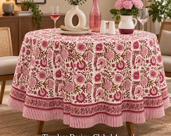 Handmade Floral Block Print Cotton Tablecloth – Boho Dining Decor (Jaipur, India)