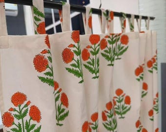 Hand Block Printed Linen Curtains, Floral Window Drapes, Boho Farmhouse Home Decor Natural Cotton Curtain Panels, Botanical Print Room Decor