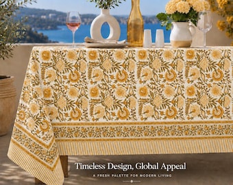 musterd yellow Block Printed Tablecloth Square/Rectangle/Round Custom Table Cover With Napkin/Placemat/Runner Handmade Boho Table Decor