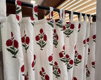 Red Buti Flower  Clover Block Print Sheer Curtains – Organic Cotton.