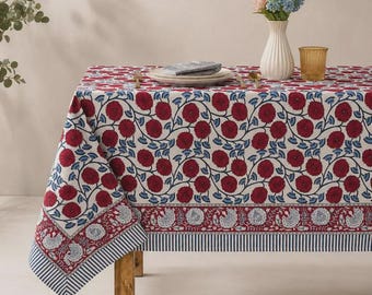 Hand Block Print Cotton Tablecloth - Red Floral Table Cover, Christmas Gifts.