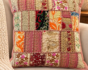 Colorful Indian Patchwork Cushion Cover - Boho Embroidered Decorative Pillow Case - Handmade Cotton Square Throw Pillow for Couch 16x16