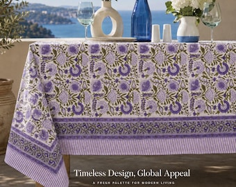Hand Block Printed Cotton Tablecloth: Boho Floral Dining Decor Kitchen and Table decor vintage handmade table party decor