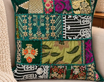 green Bohemian cushion - Indian pillow colorful, decorative pillowcase - boho pillows cover - patchwork throw pillow cover.