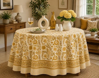 Handmade Indian Block Print Cotton Tablecloth, Boho Farmhouse Dining Decor