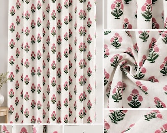 Hand Block Printed Cotton Curtain, Floral Indian Drapes, Boho Farmhouse Window Panel.