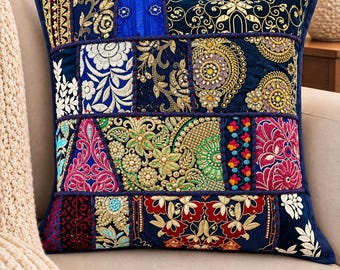 Bohemian cushion - Indian pillow colorful, decorative pillowcase - boho pillows cover - patchwork throw pillow