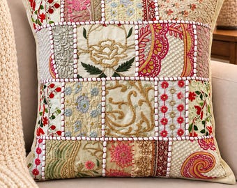 Embroidered Sari Patchwork Cushion Cover: Indian Vintage Throw Pillow 16"x16"