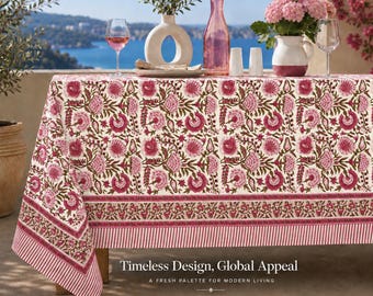 maroon  Floral Hand Block Print Tablecloth: Vintage French Style Cotton Dining Cover