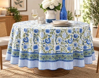 Vintage 100% Cotton Block Printed Tablecloth Square/Rectangle/Round Custom Table Cover With Napkin/Placemat/Runner Handmade Boho Table Decor