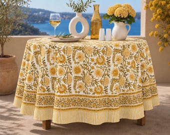 Hand Block Printed Cotton Tablecloth, Indian Floral Boho Farmhouse Dining Linen