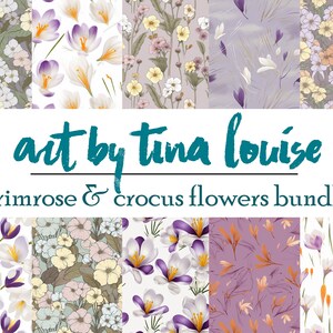 May include: A digital download of eight seamless patterns featuring purple and white crocus and primrose flowers. The patterns are perfect for crafting, scrapbooking, and digital design projects. The text "art by tina louise primrose & crocus flowers bundle" is displayed at the bottom of the image.