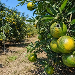 Puede incluir: Un huerto de cítricos con hileras de árboles cargados de naranjas verdes y amarillas bajo un cielo azul despejado. Un logotipo circular con el texto LARES ARTIFACT es visible en una de las naranjas en primer plano, rodeado de hojas verde oscuro.