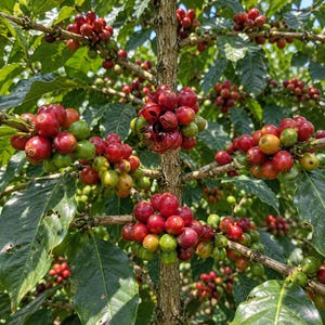 Könnte beinhalten: Eine Kaffeepflanze mit Trauben reifender Kaffeekirschen in leuchtenden Rot- und Grüntönen, die an holzigen Zweigen mit dunkelgrünen, glänzenden, ovalen Blättern hängen. Ein kreisförmiges Logo mit dem Text 'LAKES' ist zu sehen.