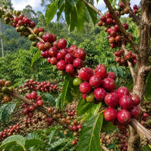 Könnte beinhalten: Ein Kaffeepflanzenzweig voller Trauben reifer, leuchtend roter Kaffeekirschen und einiger unreifer grüner Kirschen. Die holzigen Stängel sind mit kleinen, runden Früchten bedeckt, im Hintergrund sind dunkelgrüne Blätter der Plantage zu sehen.
